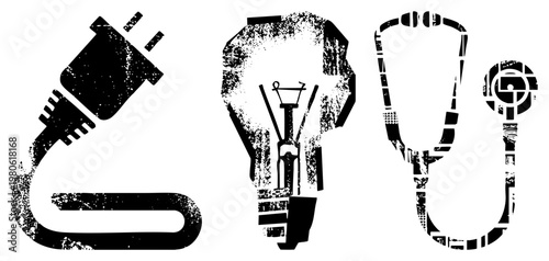 Distressed black electrical plug, lightbulb, stethoscope, medical tool gritty texture, symbolic design, conceptual.