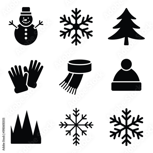 Winter season icons set, snowman snowflakes pine tree, gloves scarf hat, cold weather vector silhouette for holiday banners posters