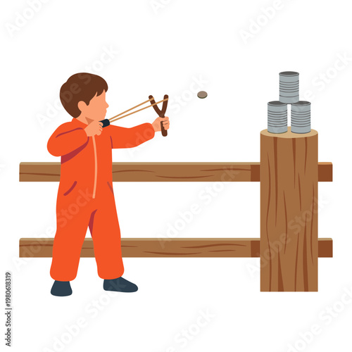 A boy aims a slingshot at metal cans on a wooden fence post outdoors.