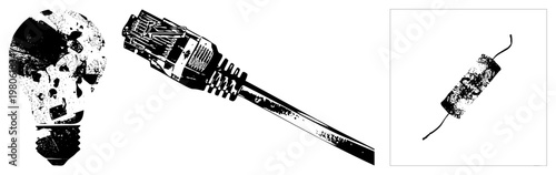 Vector illustration of three tech symbols with distressed textures lightbulb, ethernet plug, resistor ideal for digital design or circuit diagrams.