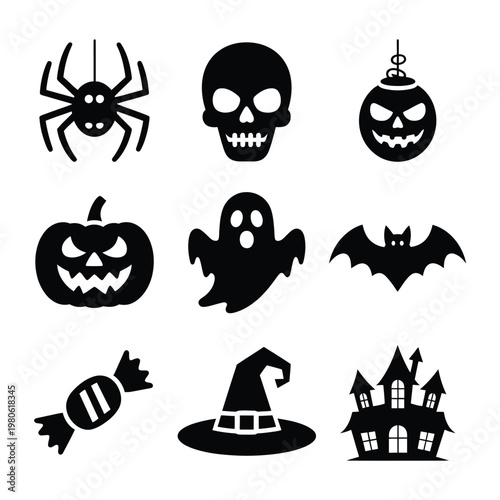 Halloween celebration icons set, spider skull pumpkin ghost bat candy witch hat haunted house, silhouette vector, scary party banner design