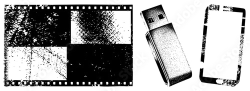 Retro film frames, USB flash drive, smartphone, halftone texture, graphic, digital, tech nostalgia.