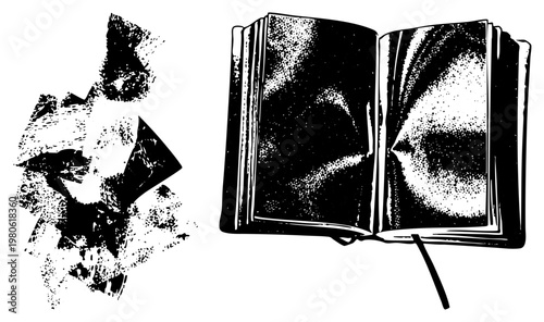 Open book with halftone shading, crumpled paper texture, vintage graphic style, educational or literary theme, black and white vector art.