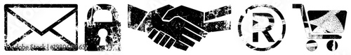 Weathered black representing digital communication, security, agreement, property, and e commerce. Vector symbols with distressed texture, ideal for web or print UI.