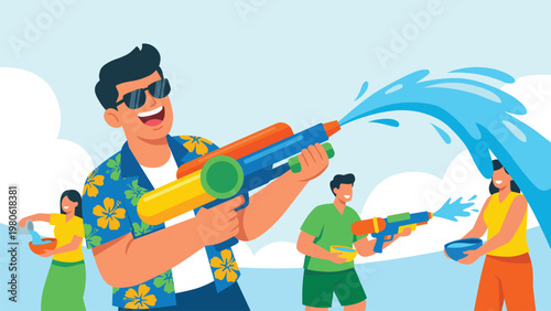 people playing water splash with water guns songkran festival thailand illustration