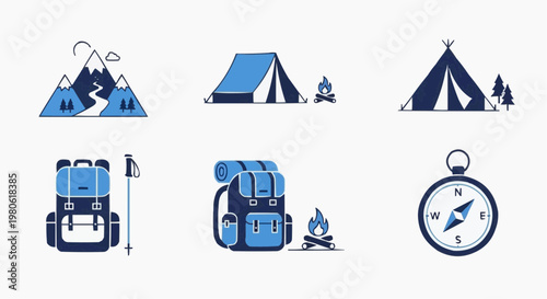 Minimalist camping icon set, blue outdoor adventure symbols, flat vector mountain hiking equipment, 6 travel and wilderness exploration elements