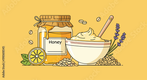 Natural beauty and wellness ingredients: a honey jar, fresh lemon, lavender sprigs, oatmeal, and a bowl of rich cream, ideal for DIY masks.