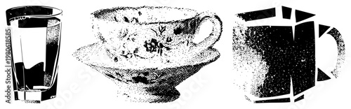 Glass tumbler, teacup with saucer, geometric mug all rendered in halftone dot. Vector illustrations of beverage containers in retro graphic style.