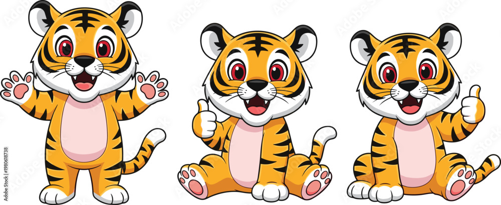 Obraz premium Cute Cartoon Tiger Cubs Set with Different Poses and Expressions, Adorable Baby Tigers for Kids Illustration, Mascots, Stickers, and Animal Design Collection