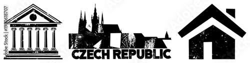 Vector silhouette of Czech Republic landmarks, classical temple, gothic, and house, black and white graphic, national emblem, travel, cultural symbol.