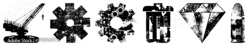 Vector of construction crane, mechanical gears, trash bin, diamond, and bullet with gritty texture,, industrial symbols, isolated graphics.