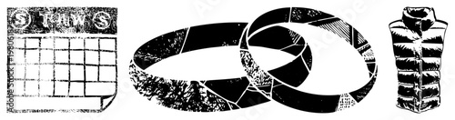 vector illustration featuring currency symbol, abstract rings, and quilted vest, rendered in high contrast halftone texture. Graphic design elements with urban street art vibe.