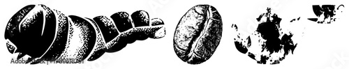 Stylized coffee beans with halftone texture, roasted grounds splatter, vector art, black and white, coffee bean graphic, isolated elements.