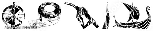 Distressed black and white vector peace symbol, adhesive tape roll, gas nozzle, Viking longship all with gritty texture, isolated foreground elements.