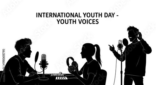 Silhouette illustration of young people recording a podcast for International Youth Day.