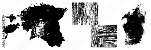 Grunge style ink blotches and distressed wood textures, artistic splatter effects, rustic surface, graphic design elements, vector textures.