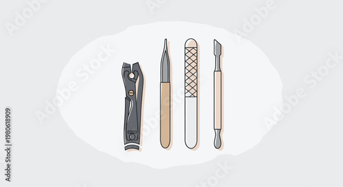 Essential manicure tools: nail clippers, cuticle pusher, and nail file, highlighting precision and care for healthy, well-groomed nails.