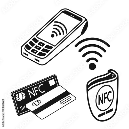 A vector graphic illustration of NFC technology with a mobile phone, credit card, and wearable device