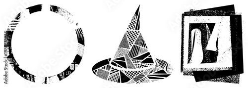 Fragmented circular, conical, and rectangular forms composed of halftone textures, graphic design elements, vector art, illustration.