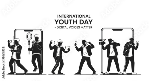 International Youth Day illustration with diverse young people interacting with digital devices.