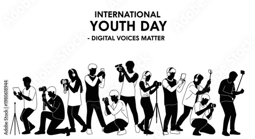 International Youth Day silhouette illustration with diverse teenagers using digital technology.