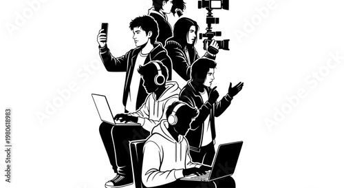 Black and white illustration of a group of young people engaged with technology.