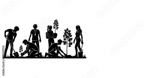 Group of volunteers planting trees in a reforestation project silhouette.