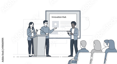 Diverse professional team presenting innovation hub project at corporate business seminar.