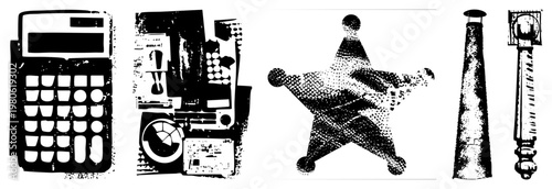 Retro tech including calculator, radio, star badge, chimney, candlestick, halftone style, isolated vector graphics.