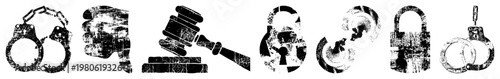 Handcuffs, gavel, padlock, fingerprint, broken lock legal symbols with distressed texture, courtroom, law enforcement, justice.
