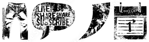 Distressed denim jeans, speech bubble with "Live Share Subscribe" text, countdown calendar showing "1 DAY LEFT", abstract curved shape all in gritty, high contrast vector style.