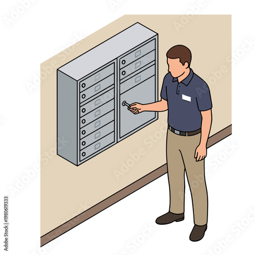 Man unlocking a secure postal mailbox unit in an office setting.