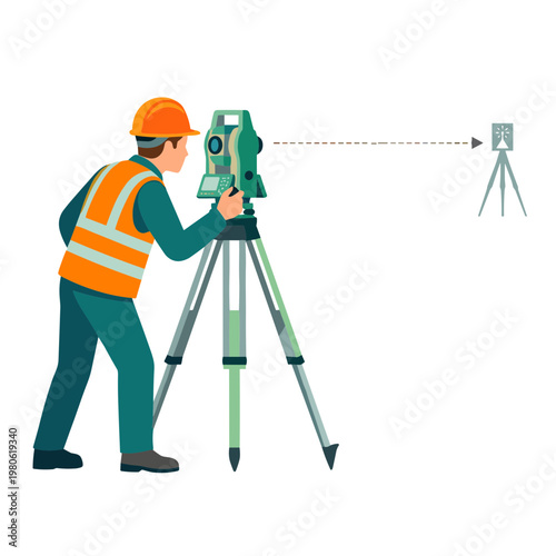 Surveyor measures distance with equipment outdoors on tripod stand
