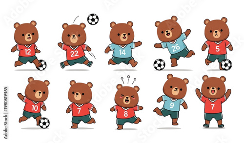 Cute Cartoon Bears Playing Football Vector Set with Funny Animal Characters