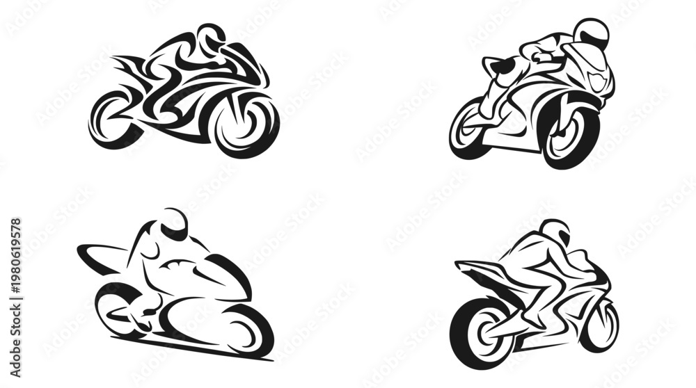 Obraz premium Sport Motorcycle Vector Set with Racing Bike Silhouette Design, Speed Riding Pose Collection for Transport Concept