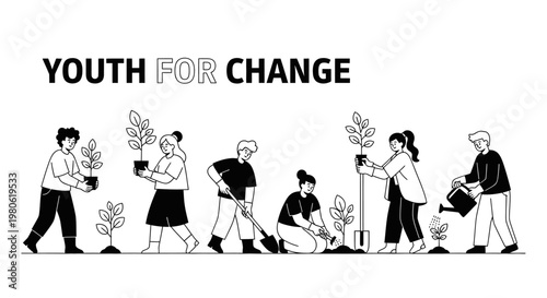 Group of young people planting trees for environmental change.