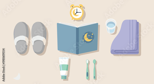 Flat lay of a complete bedtime routine setup: soft slippers, a calming book, alarm clock, glass of water, towel, toothpaste, and toothbrushes.