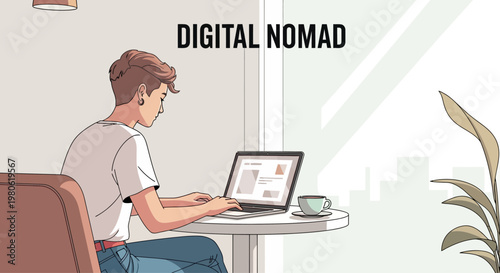 A young digital nomad working on his laptop in a bright indoor setting.