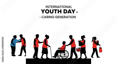 Silhouettes of volunteers helping elderly and people in need on International Youth Day.