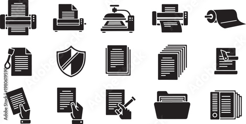 Black and white office document icons on white background