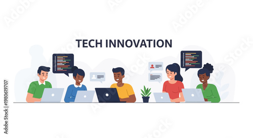 Diverse Group of Developers Collaborating on Tech Innovation Projects.