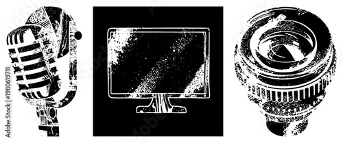 Retro microphone, computer monitor, camera lens, distressed vector, stylized tech gear, design, digital symbols.