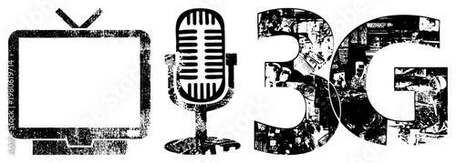 Retro set, classic microphone, 3G symbol, distressed texture, graphic, communication tech, analog to digital transition.
