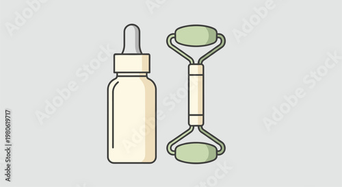 Skincare essentials featuring a light yellow serum bottle with a dropper and a green jade facial roller, promoting beauty and self-care routine.