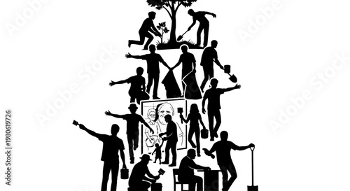 Silhouette illustration of diverse people engaging in community service and volunteer activities.