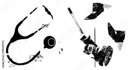 Black and white halftone vector graphics of stethoscope and surgical tools, medical equipment, healthcare symbols, isolated medical, clinical tools.