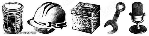Classic halftone rendered tools and gear, including paint can, hard hat, storage box, wrench, vintage mic, vector, retro graphic design.