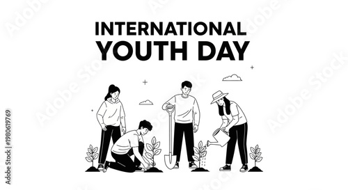 International Youth Day illustration of young people planting trees.