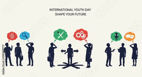 International Youth Day silhouette illustration with conceptual icons and decision making.