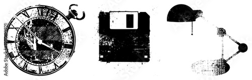 Classic pocket watch with Roman numerals, retro floppy disk, vintage desk lamp, stylized tech relics, vector art.